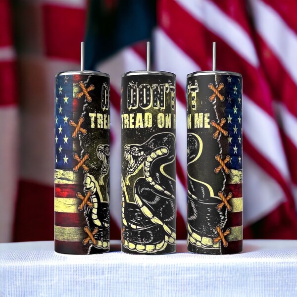 Patriotic 20oz Stainless Steel Tumbler w/ Straw | Duty Honor Courage | Gift for Him | American Flag | Occupation | Dont Tread on Me | Snake