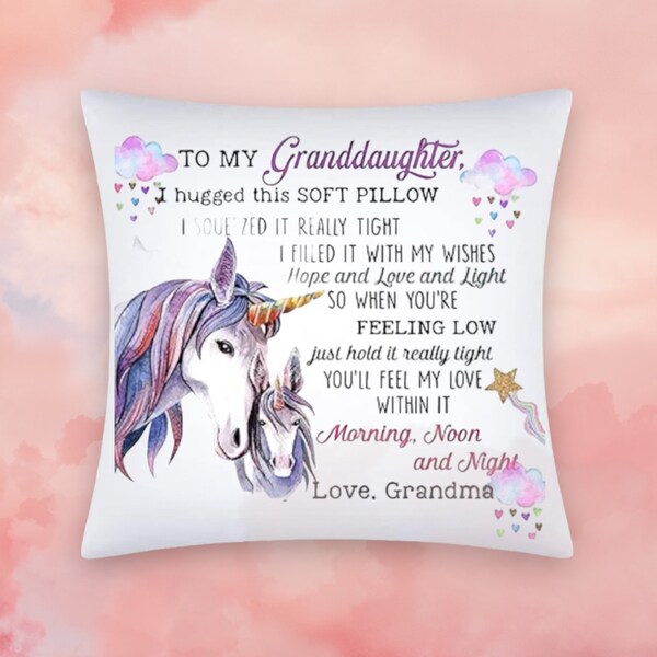 Adorable Personalized Unicorn Gift To My Granddaughter From Grandma Sublimated Polyester Square Pillow Case, Single Sided, Gift for Her