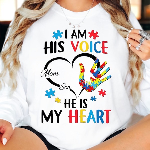 Autism Awareness Shirt | I am His Voice He Is My Heart | Quote Shirt | Gift For Her | Love and Family | Rainbow Puzzle Pieces | Mom and Son