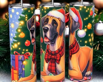 Great Dane Christmas Sublimated 20oz Stainless Steel Skinny Tumbler with Straw | Christmas Tree and Presents | Dog Christmas