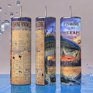 May include: Three stainless steel tumblers with different designs. The first tumbler features fishing knowledge, including how to select the right fishing rod, different types of fishing knots, and boating safety tips. The second tumbler features a largemouth bass jumping out of the water. The third tumbler features a largemouth bass jumping out of the water with the text "Fishing is my therapy".