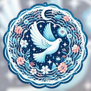 May include: A blue and white wind spinner with a white dove flying through a circle of flowers and stars. The dove has a blue tail and wings.
