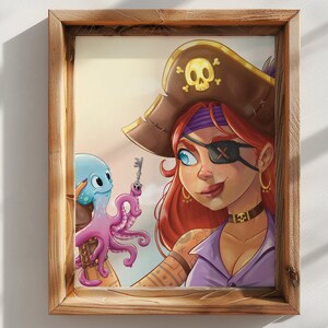May include: A cartoon pirate with red hair wearing an eye patch and a brown pirate hat with a gold skull and crossbones. The pirate is holding a blue and pink octopus with a key in its tentacles.