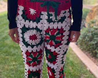 Christmas Granny Square Crochet Pants Pattern Holiday Boho Hippie Artsy Female Small Business Party Festival Easy Crocheted Red Green White