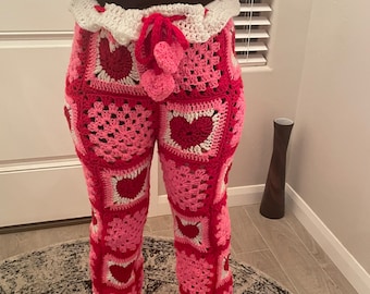 Pattern Heart Valentine Red White Pink Crochet Granny Square Pants Festival Hippie Boho Party Concert Handmade Female Small Business Artsy