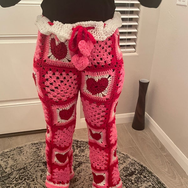 Pattern Heart Valentine Red White Pink Crochet Granny Square Pants Festival Hippie Boho Party Concert Handmade Female Small Business Artsy