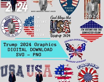 14 Designs Trump 2024 MAGA DigitalGraphics PNG SVG Druck Sublimationsschaltung T-Shirts Tassen Schmuck Geschenke Präsidentschaftswahl Republikaner