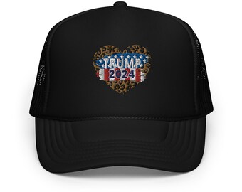 Damkeps med gepardmönster och Trump 2024 MAGA-skumtruckerkeps