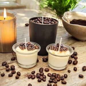 DEEP ROAST COFFEE Candle & 2 extra large votives.Experience the comforting scent of freshly brewed coffee anytime anywhere.Real coffee beans