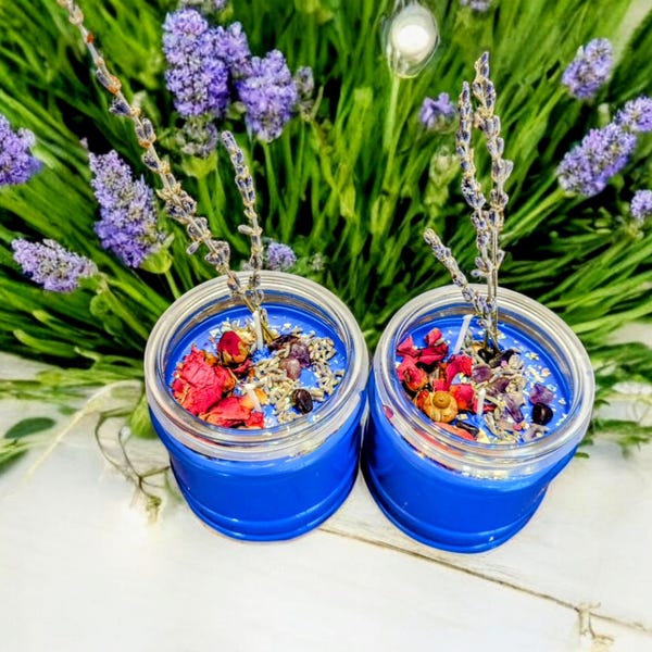 RELAXING LAVENDER CANDLES.Infused with calming lavender essential oils, lavender sprigs. rose buds & crystals.Set of 2.