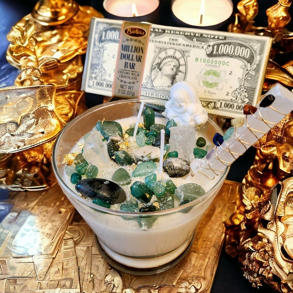 POWERFUL MONEY CRYSTAL Candle. Infused with floral Magnolia oil, Vegan Soy Wax & Crystals, Adventurine, Selenite and Quartz Crystals.