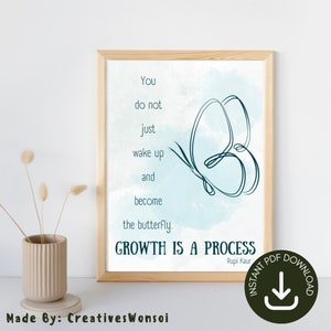 Puede incluir: Una cita imprimible sobre el crecimiento y el cambio con una ilustración de mariposa azul y el texto "You do not just wake up and become the butterfly. GROWTH IS A PROCESS - Rupi Kaur".