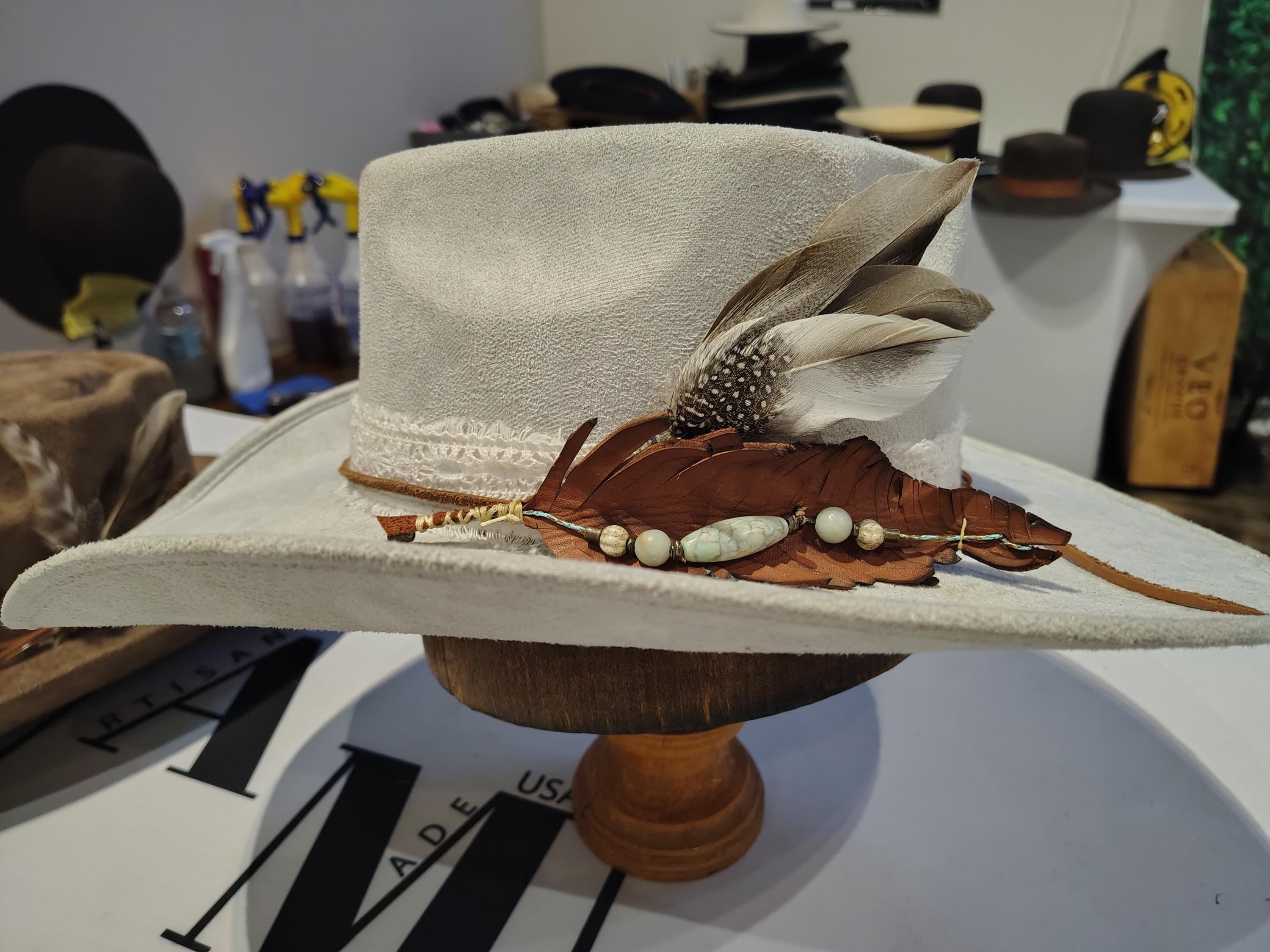 Henschel Brown Suede Western Hat with Feather and Turquoise Accents Size Medium Western Archives – Henschel Hats – Hat Makers | Henschel Hat  main image 2