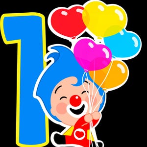 May include: A blue number one with a yellow outline and a cartoon clown holding five colorful heart-shaped balloons. The clown is wearing a red and yellow outfit with a red nose and a big smile.