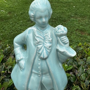 Vintage Ceramic Ice Blue Gentleman Figurine-Historical Figure Light Blue Courting Attire–Victorian & Colonial Era Man Holding Flowers Statue