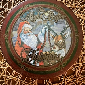 Vintage Christmas Metal Cookie Tin-The Night Before Christmas Treat Container-Round Red & Green Santa and Rudolph Cookie Tin