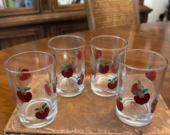 Vintage Anchor Hocking Apple Juice Glasses Set of 4, Retro Kitchen Glassware, Farmhouse Drink Tumblers, Applejack IDI Cottagecore Drinkware