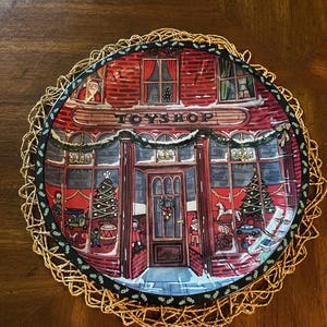 Vintage Christmas Toy Shop Tin–Round Metal Holiday Cookie Container –Santa Candy Cookie Tin– Holiday Kitchen Decor-Xmas Old Time Serving Tin