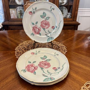 Antique Royal Tettau Rose Plate Set (4) –Pink Flower Decorative Plate w/ Gold Trim–Shabby Chic Scalloped Edge German China–Cottagecore Decor