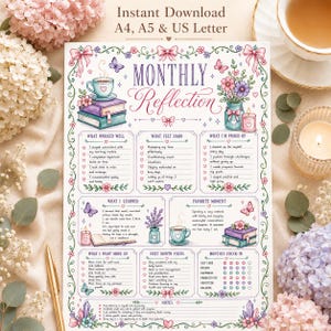 May include: A printable Monthly Reflection planner page featuring floral borders, butterflies, and books. The text includes sections for What Worked Well, What Felt Hard, What I Learned, Favorite Moment, What I Want More Of, and Next Month Focus.