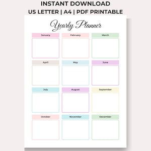 Könnte beinhalten: Ein weißer, druckbarer Jahresplaner mit pastellfarbenen Monatsblöcken. Der Planer enthält die Monate Januar bis Dezember. Der Text oben lautet "INSTANT DOWNLOAD US LETTER | A4 | PDF PRINTABLE" und "Yearly Planner".