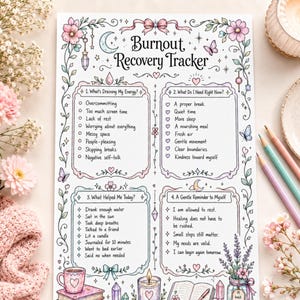 Puede incluir: Una hoja de papel rectangular titulada Burnout Recovery Tracker con cuatro secciones que incluyen listas de verificación y texto. El diseño presenta bordes florales en tonos pastel, mariposas, cristales, una luna e ilustraciones.