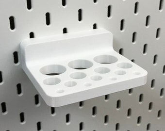 Skadis Multi-Tool Holder for IKEA Pegboard – Durable PETG Shelf with 11 Holes for Pliers, Scissors, Screwdrivers – Black or White