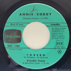 Annie Cordy ~ 45 EP Vinyl Record ~ Torero ~ Columbia Records ~ France ~ Pop, Chanson