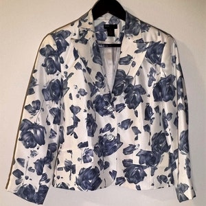 Vintage Grace Elements vit blommig sidenkavaj för kvinnor, storlek 4