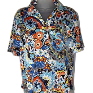 Vintage Madam Polla Womens Blouse Size M Flower Multicolor 3 Button Y Neck Korea