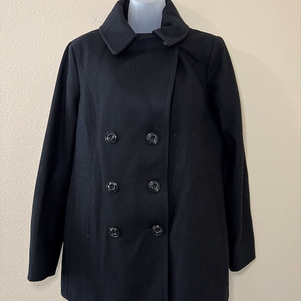 Womens London Fog Double-Breasted Lined Black Wool Blend Pea Coat Size S