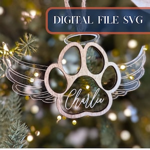 Gelaagde huisdier Memorial Ornament Laserbestand SVG Kerst Laserbestand Houten Ornament Bestand Paw Print Angel Wings Ornament