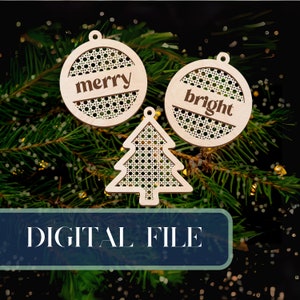 Layered Rattan Cane Merry Bright Ornament Bundle Laser File SVG Boho Christmas Laser File Wood Ornament File