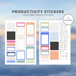May include: A set of 70+ digital stickers for productivity planning. The stickers are in various colors and include lists, checklists, to-do lists, and daily, weekly, and monthly trackers.
