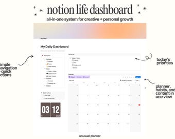 May include: Digital dashboard with the text "notion life dashboard" and "all-in-one system for creative + personal growth." The dashboard includes a calendar, to-do list, and navigation menu. The time is 03:12.