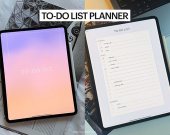 Puede incluir: Una tableta digital con un fondo blanco y el texto "TO-DO LIST PLANNER" en la parte superior. La tableta muestra una lista de tareas con casillas de verificación y líneas para escribir tareas. La tableta está sobre una superficie blanca.