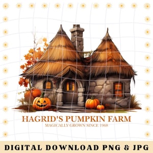 May include: A stone cottage with a thatched roof and a wooden door. The cottage is decorated with pumpkins and fall foliage. The text "Hagrid's Pumpkin Farm" and "Magically Grown Since 1968" is displayed below the cottage.