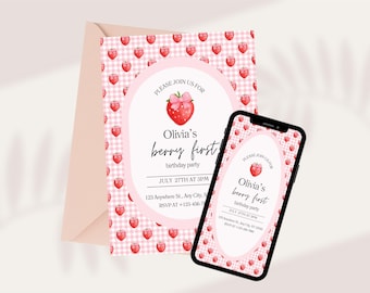 Sjabloon bewerkbare Berry eerste verjaardagsuitnodiging aardbei 1e verjaardag uitnodigen meisjes 1e verjaardagsuitnodiging afdrukbare Berry eerste uitnodiging