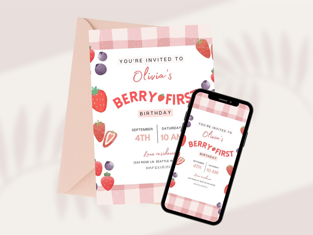 Pink Gingham Berry First Birthday Invitation Bundle Strawberry 1st ...