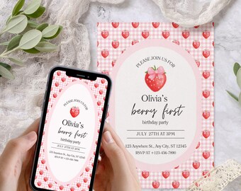 Sjabloon bewerkbare Berry eerste verjaardagsuitnodiging aardbei 1e verjaardag uitnodigen meisjes 1e verjaardagsuitnodiging afdrukbare Berry eerste uitnodiging