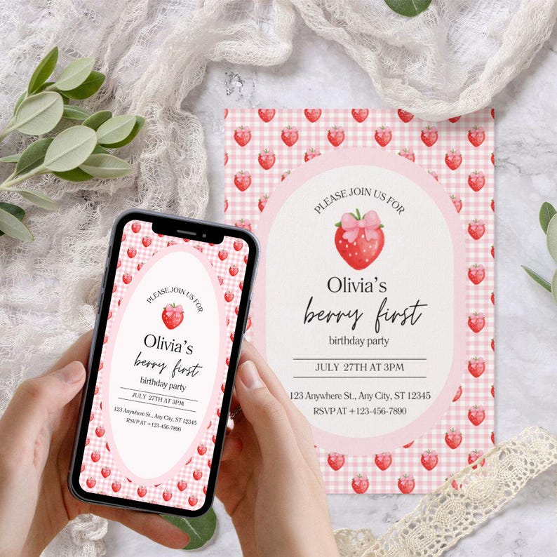 Editable Berry First Birthday Invitation Template Strawberry 1st ...