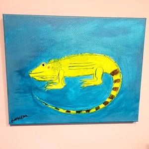 Iguana Art &quot;Barney&quot; in Bright Teal! 11&quot; X 14&quot; Freehand Drawn and Hand Painted