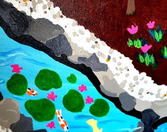 Koi Pond Painting: Hand-Painted Acrylics on Canvas (12" X 12")