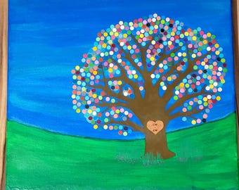 Colorful Tree Painting, Decoupage Leaves, Optional Personalized Heart