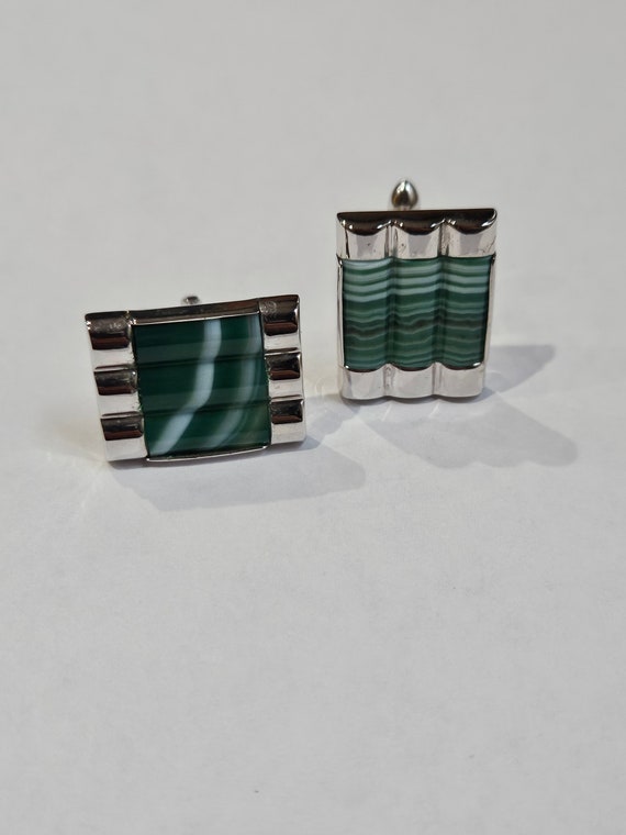 SWANK vtg green and silver tone cuff link
