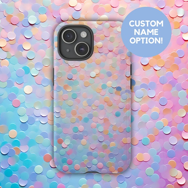 3D Rainbow Confetti Phone Case, Pastel Sparkle Glimmer Custom Name Cover, iPhone 15 14 13 Pro Max, Samsung Galaxy S24 S23, Google Pixel 8 7