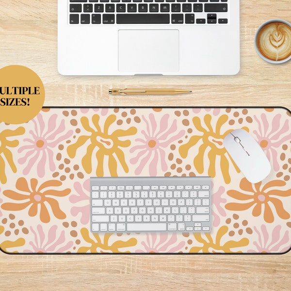 Retro Hippie Flowers Desk Mat, Trendy Groovy Mouse Pad, Rectangle Gaming Accessory, Abstract Cute Workspace, Pink Orange Yellow Desk Topper