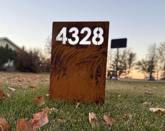 Rustic Lawn Metal House Number Sign - Vintage Address Sign Rusty Lawn Decor - Modern House Number Corten House Number Rusty Yard Address