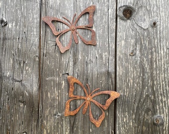 Rustic Metal Butterfly Duo: Vintage Garden Decor, Charming Weathered Yard Art