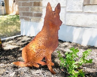 Charming Rustic Metal German Shepherd Garden Sculpture: Weathered German Shepherd Outdoor Decor